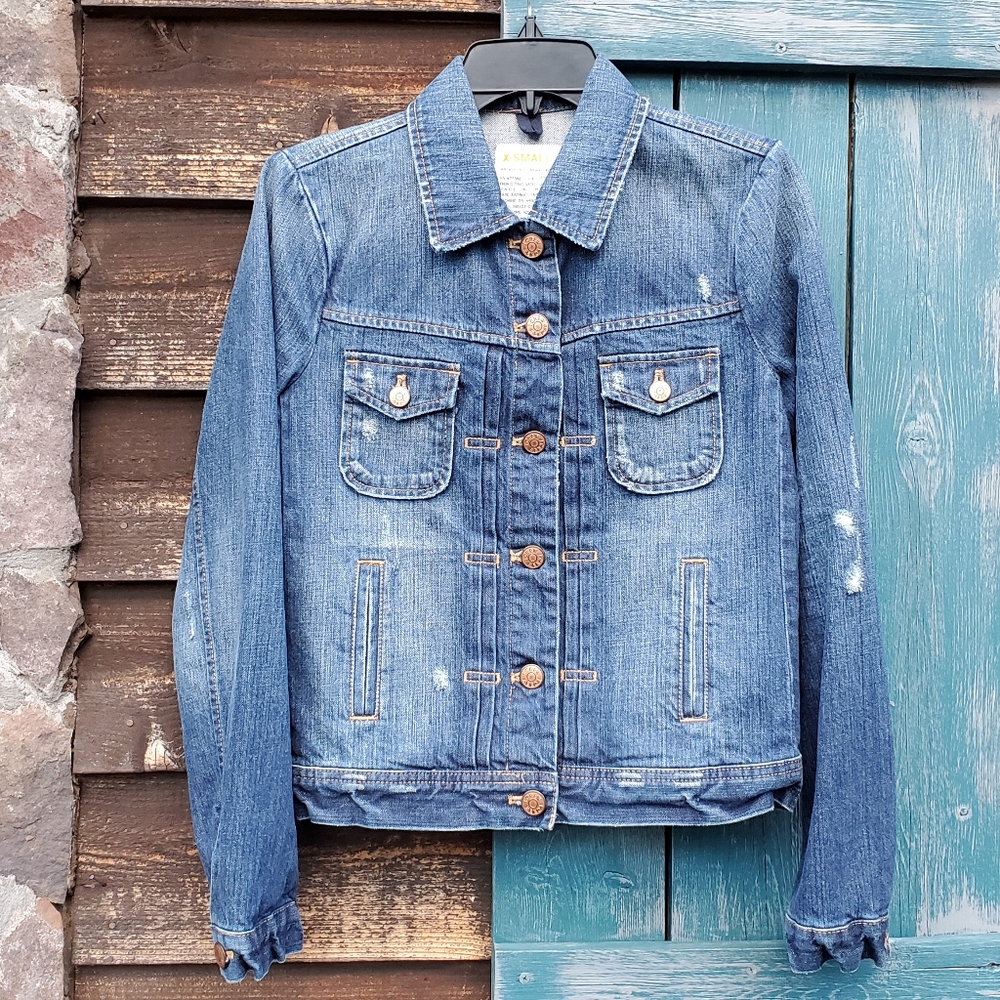 J Crew Distressed Jean Jacket Denim Medium Wash Blue XS Trucker